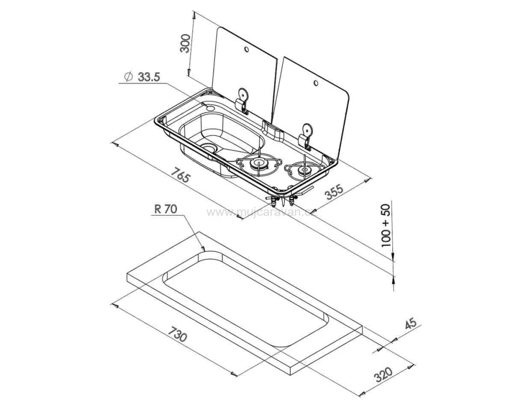 Kombinace dvouhořákového vařiče a dřezu FL1766, dřez vlevo