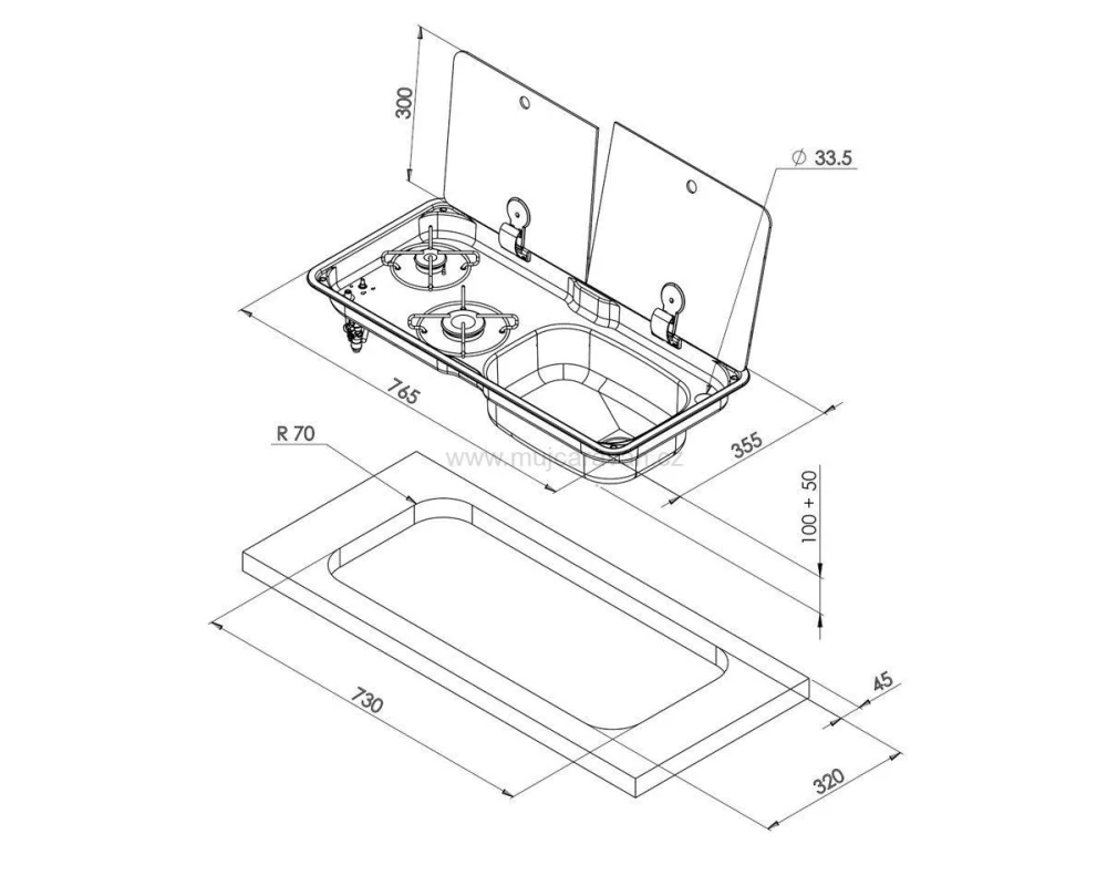 Kombinace dvouhořákového vařiče a dřezu FL1765, dřez vpravo