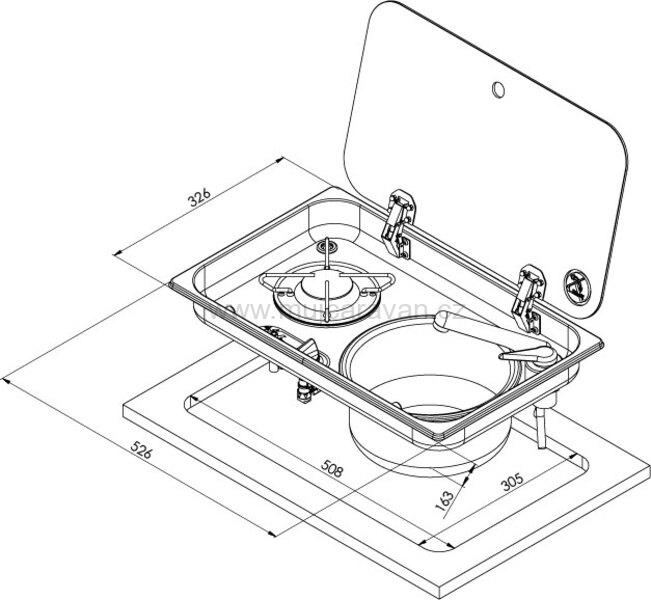 Kombinace dřezu a vařiče se skleněným víkem, dřez vpravo, 1 hořák 