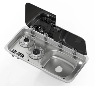 Kombinace dřezu a vařiče se skleněným víkem, dřez vpravo, 2 hořáky 