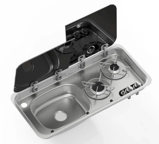 Kombinace dřezu a vařiče se skleněným víkem, dřez vlevo, 2 hořáky